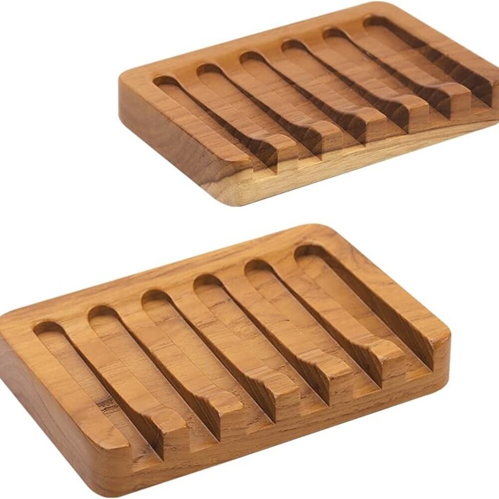 2PCS Self Draining Soap Dishes by , Teak Wood Soap Holder, Soap Saver for Shower